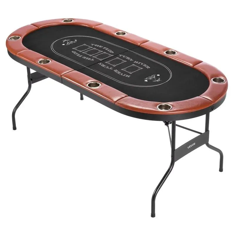 Foldable Poker Table for 8 Players Brown Oval Gaming Table with Padded Rails Cup Holders Portable Home Casino Use