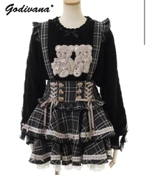 Japanese Mine Autumn and Winter Lolita Plaid Straps Skirt New Liz Girl Women's High Waist Frilly Ruffled Suspender Short Skirts