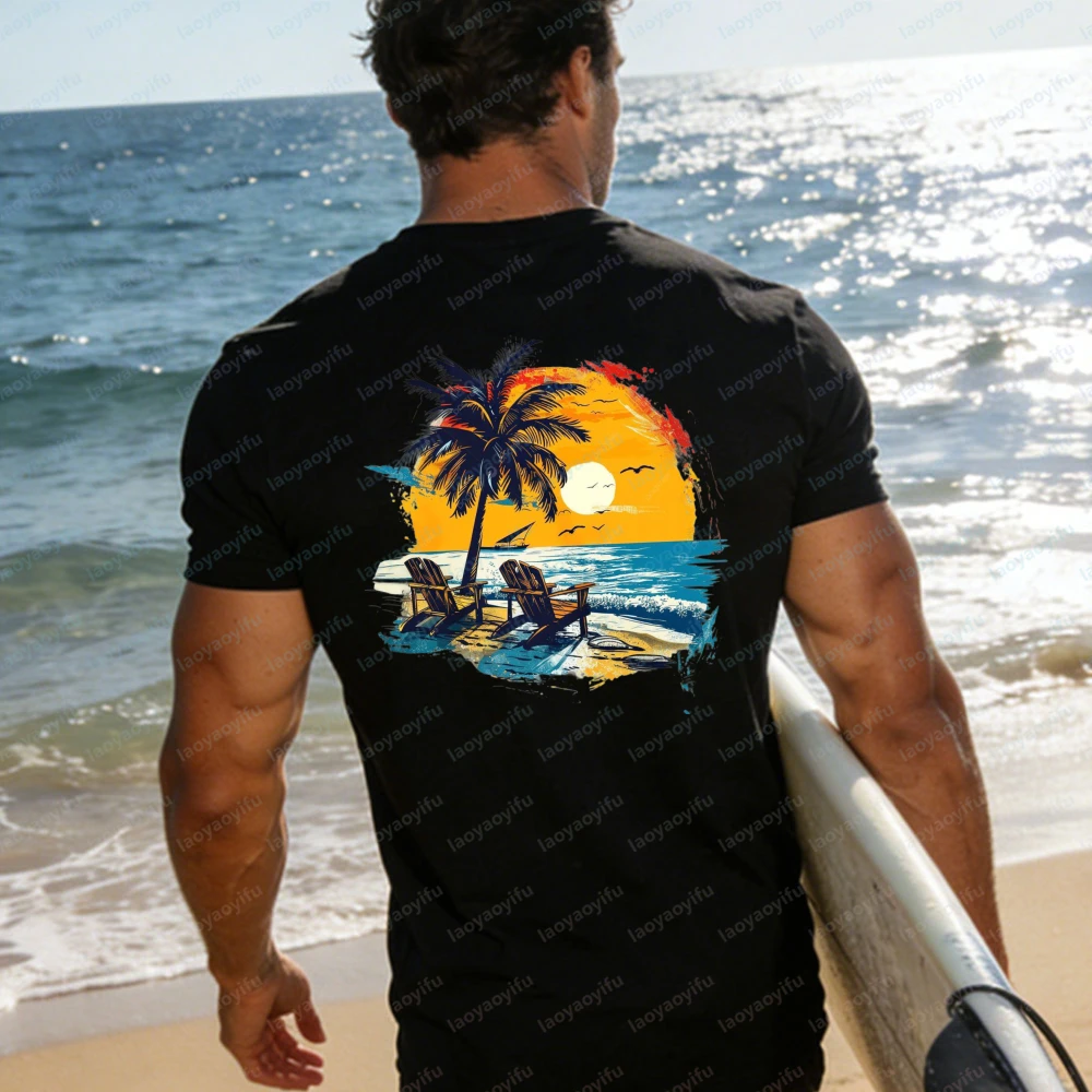 Retro Sunset Beach T-Shirt Women Palm Tree Chair Graphic Tees Casual Short Sleeve Cotton Tops Summer Vacation Relaxing Shirts