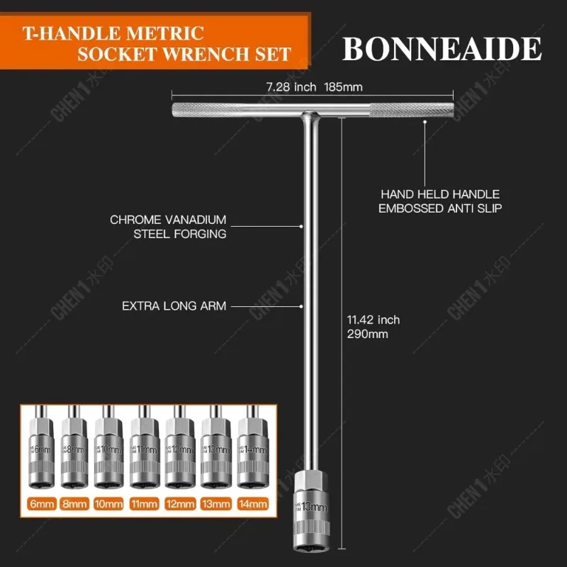 14Pcs T-Handle Wrenches Metric Socket Set, 6mm,-19mm Cr-V, Chrome Vanadium Steel T Handle Wrench Hex Socket for Motorcycle Bicyc