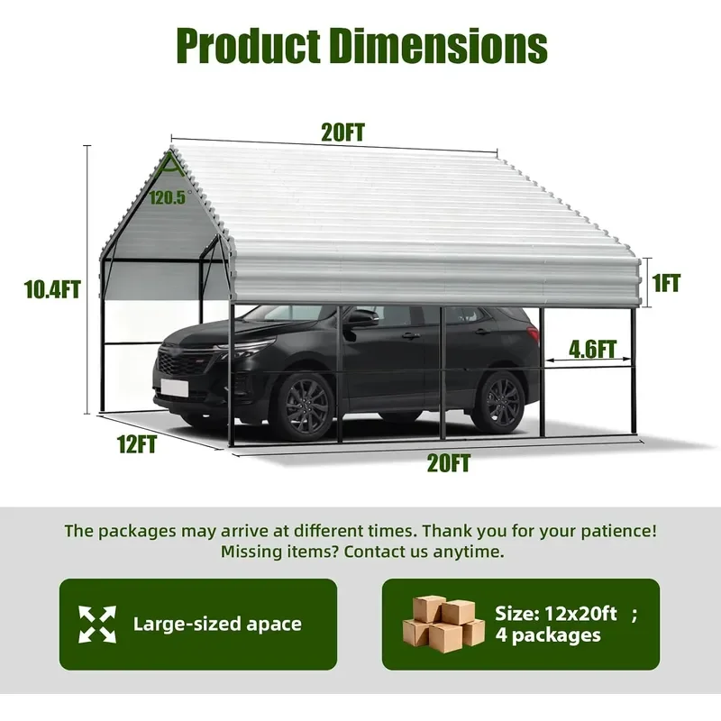 12x20ft Carport Outdoor Heavy Duty Metal Canopy Steel Roof All-Weather Multi-Use Garage Shelter for Car Boat Tractor and
