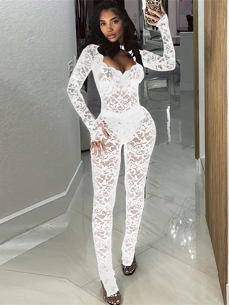 

Insglas Hollow Sexy See Through 2 Piece Set Women Jacquard Backless Bodysuit+Leggings Tight Activity Clubwear Skinny Outfits