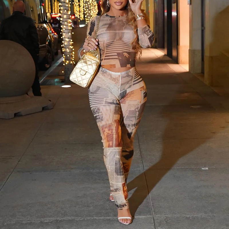 

OMSJ Aesthetic Print Mesh 2 Piece Sets Women Sexy Long-sleeved Crop Tops+Pants Matching 2026 Skinny Fashion Tracksuit Streetwear