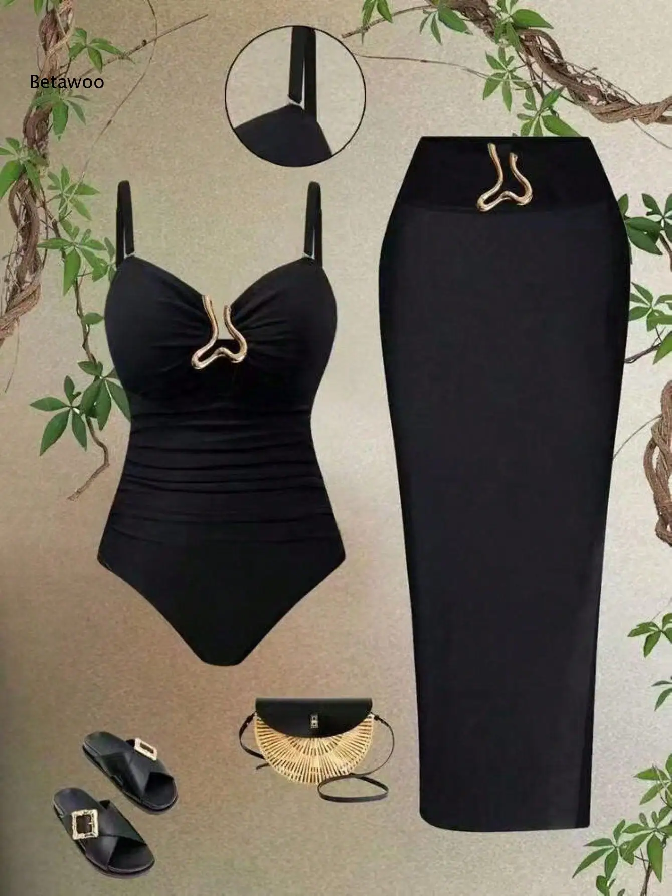 Women Metal Decor One Piece Swimsuit with Midi Cover Up Skirt Two Piece Bathing Suit for Spa Hot Spring