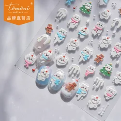 1pcs White Series Christmas Nail Stickers 5D Embossed Bear Snowman Bow Self Adhesive Nail Art Stickers Winter Nails Decora Decal