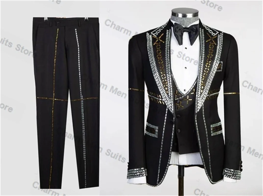 

Luxury Men Suits Set Custom Size 3 Piece Blazer+Vest+Pants Beaded Jacket Office Formal Groom Wedding Tuxedo Prom Coat Outfit