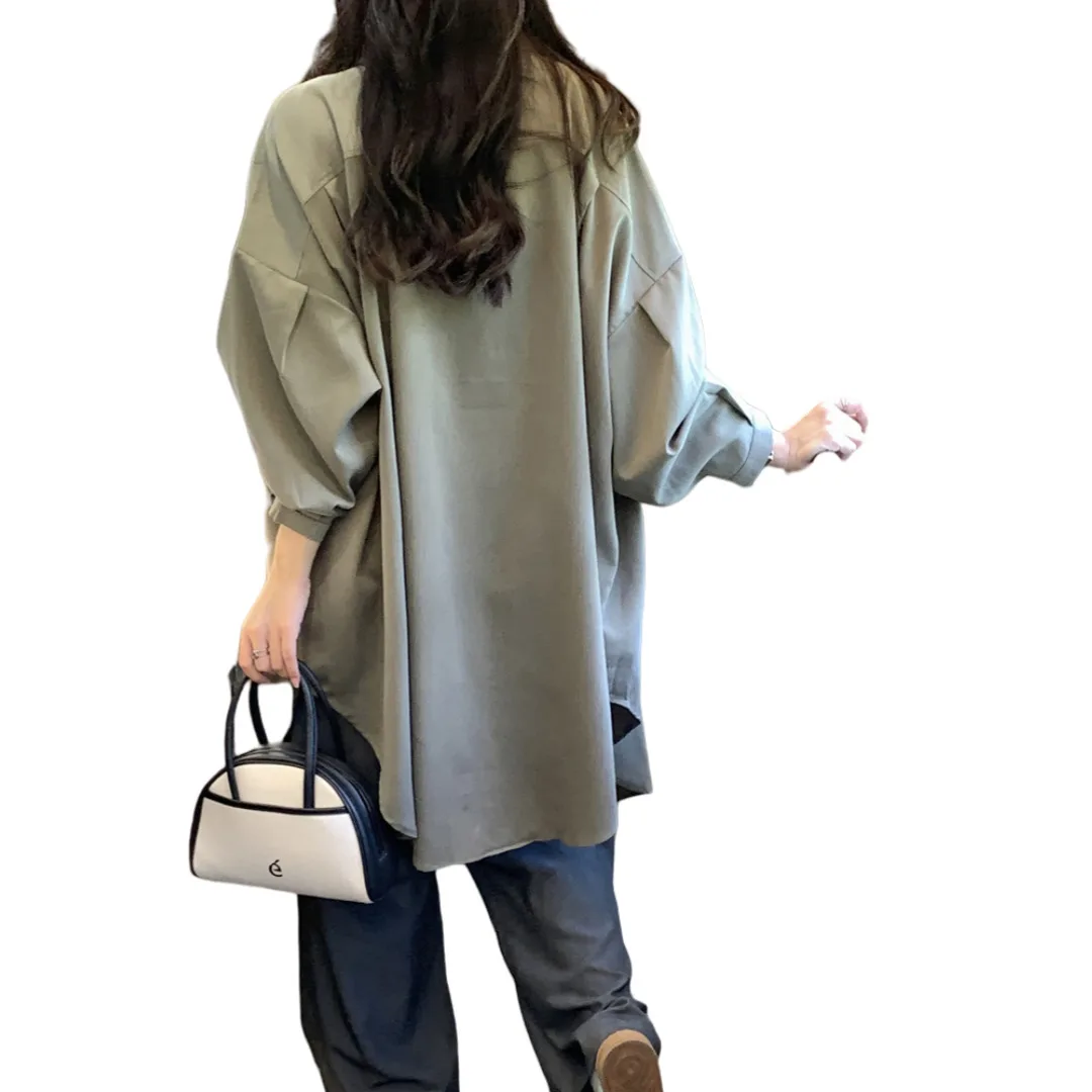 Plus Size Women's Windbreak 2025 Autumn Spring Trench Coat Loose Long Sleeve Batwing Sleeve Design Mid Length Shirt Outerwear
