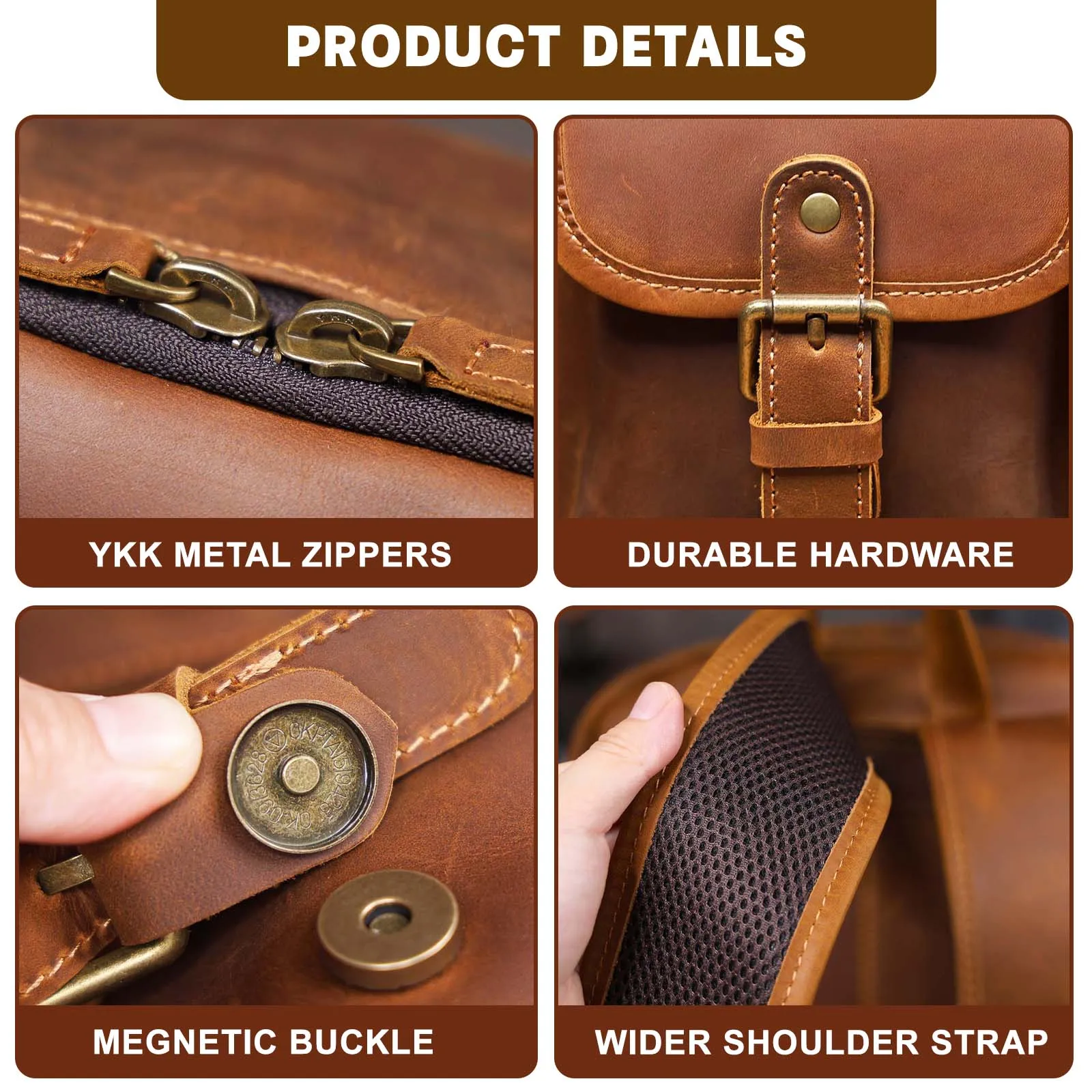 S.WORKER Vintage Echtleder-Rucksack 16" Laptop-Tasche Lässige Crazy-Horse-Leder-Schultasche Outdoor-Reise-Weekender-Tasche – Detail 7