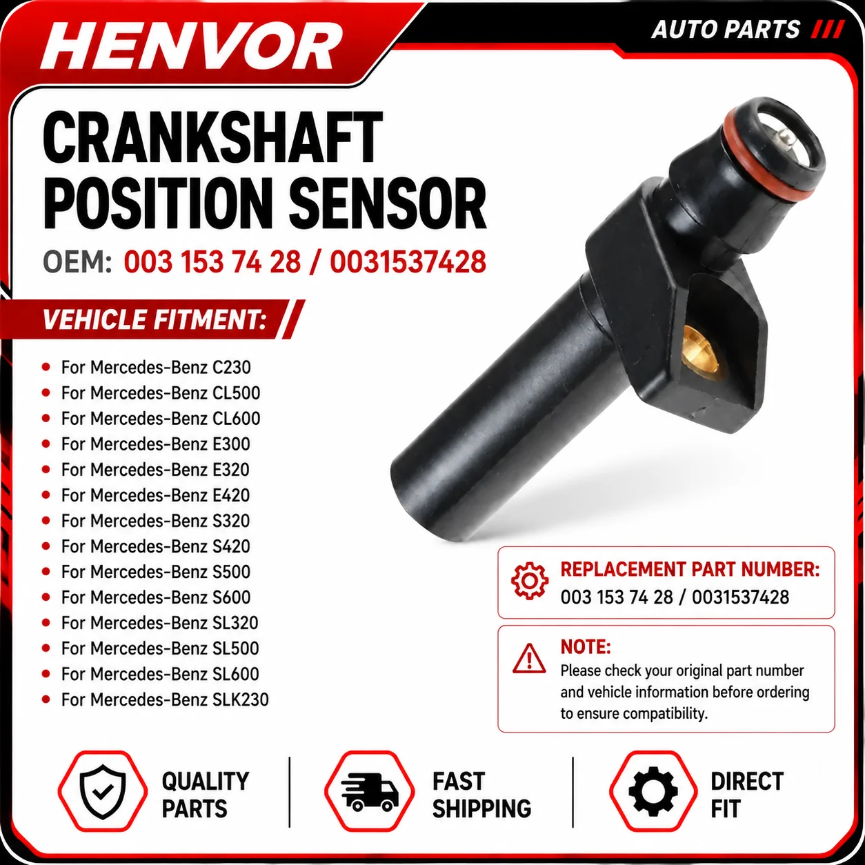 0031537428 Crankshaft Position Sensor For Mercedes-Benz W129 W140 W202 W210 C230 E320 S500 SL500 SLK230