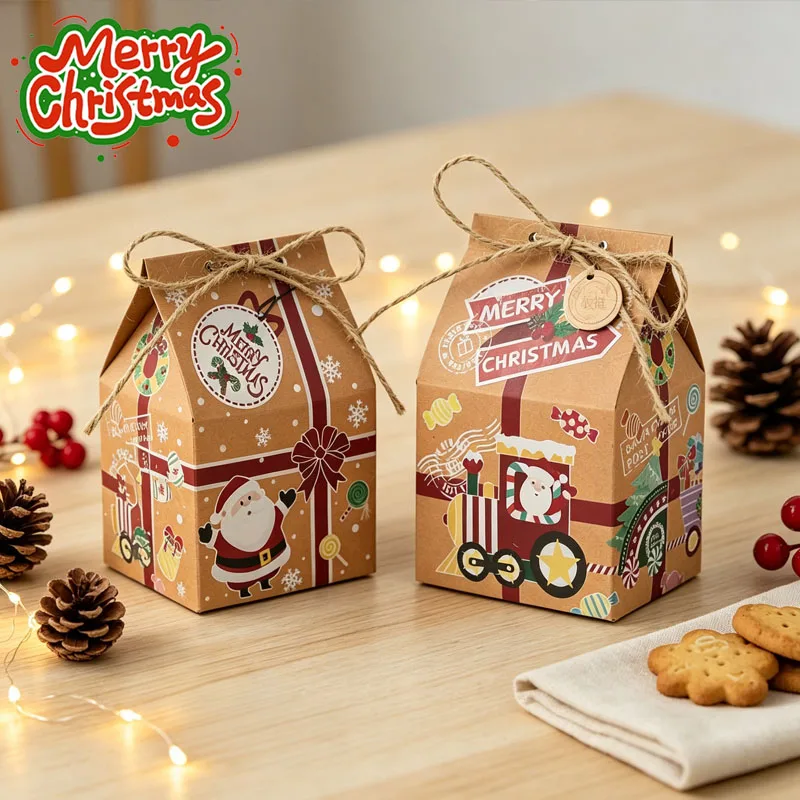 10-80PCS Christmas Kraft Paper House Shaped Candy Treat Box Novelty Gift Packaging for Holiday Party Wedding Home Festive Decor