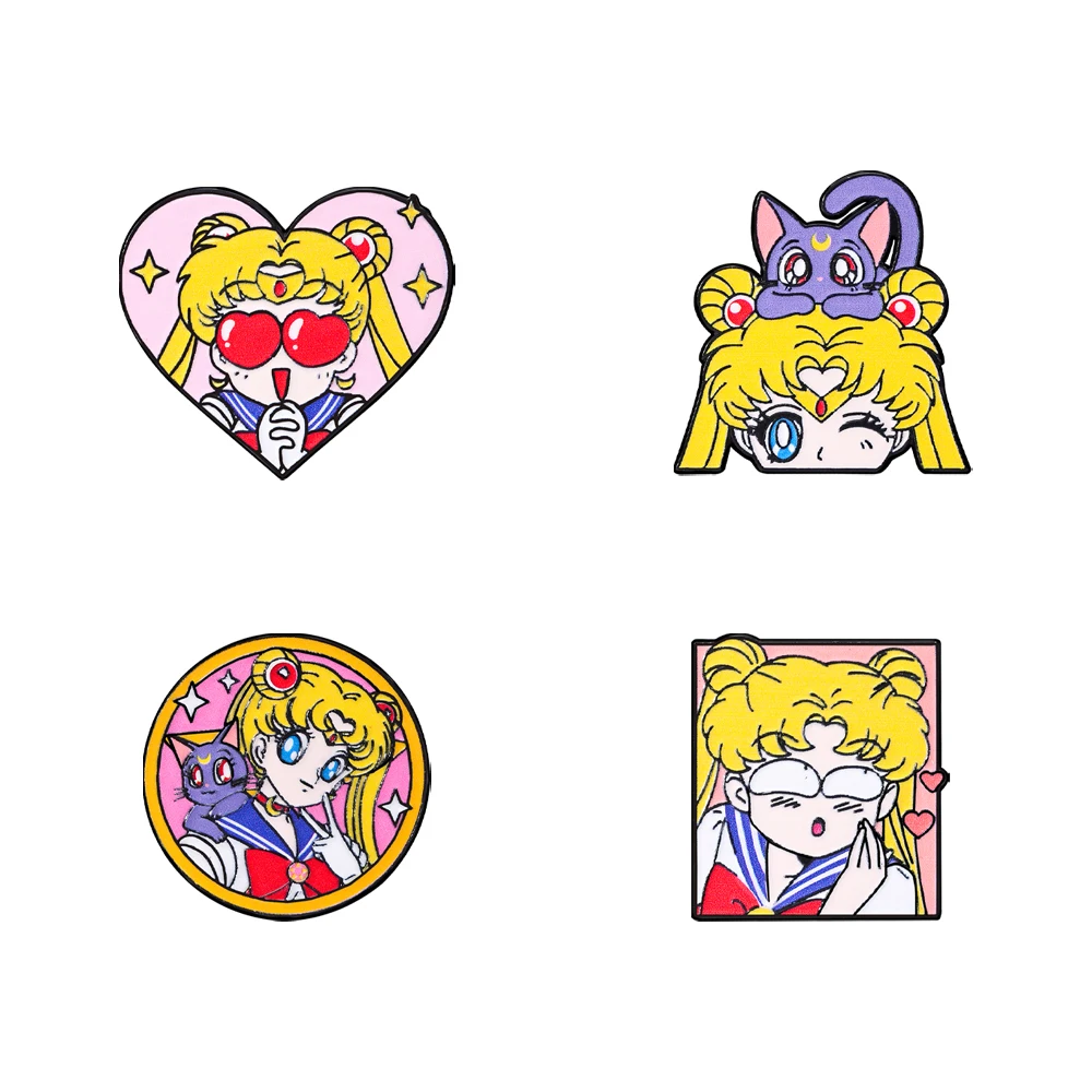 4 Stück Sailor Moon Emaille-Pins in Herzform, Cartoon-Brosche, kreative Metallabzeichen für Rucksack, Kleidung, Schmuck, Urlaubsgeschenk