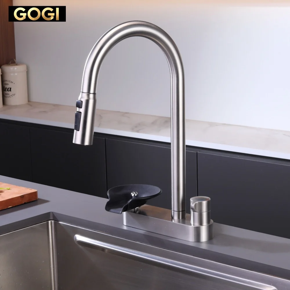 GOGI Brass 4-in-1 Pull Out Kitchen Faucet 3 Water Modes 360 Rotate Hot Cold Tap with Built-in Glass Rinser
