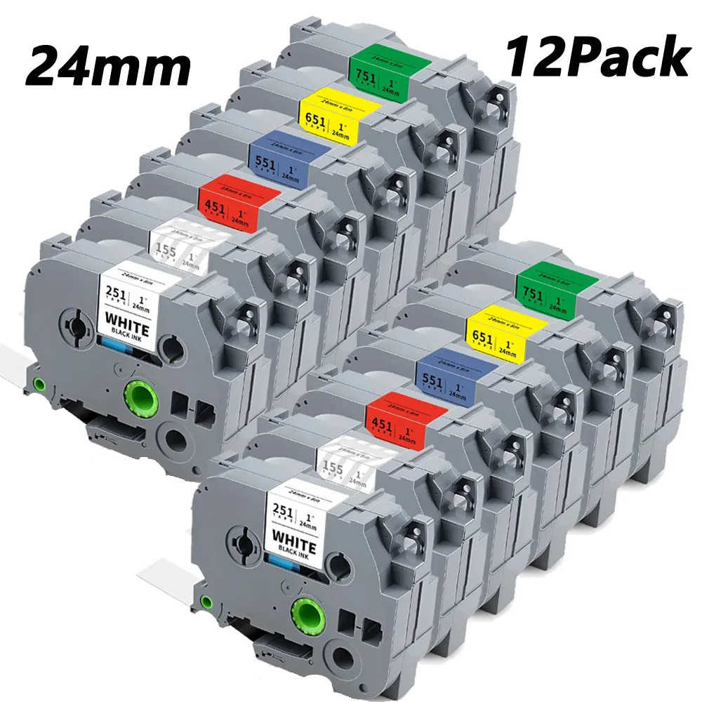1PK~12PK for Brother TZe251 24mm Tape Black on White Laminated Label TZe 251 Compatible for Brother Ptouch PT-D600 Label Maker