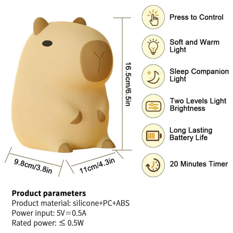 귀여운 만화 카피바라 야간 조명 실리콘 동물 램프, USB 충전식 타이밍 디밍 수면 야간 램프, 어린이 선물