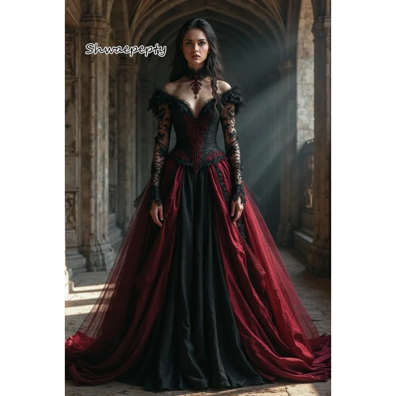 Classic Gothic Wedding Dress Steampunk Corset A-Line Vintage Bridal Gown 2025 Customized Dark Red And Black Bride Dresses