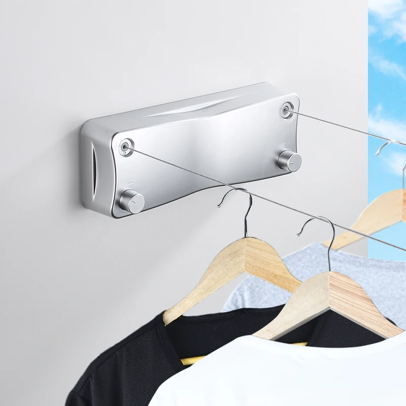 Wall Hanging Square Aluminum Clothes Drying Laundry Racks Retractable Clothesline