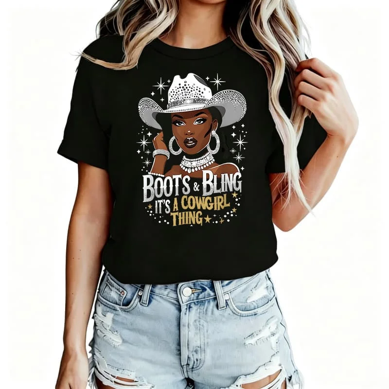Boots and Bling It's a Cowgirl Thing Graphic Women's T-Shirt 100% Cotton Funny Graphic Short Sleeve Tee Novelty Shirt Casual Crew Neck Top S-5Xl