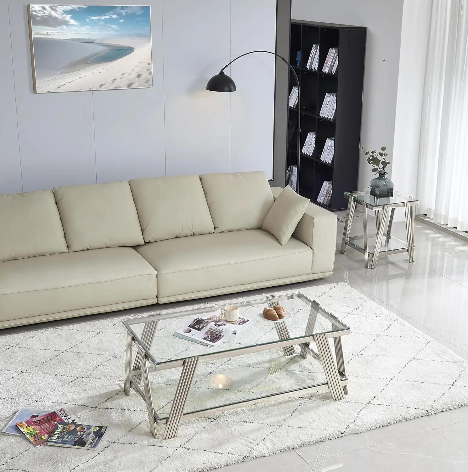 47" Modern Coffee Table, Double-Layer Clear Tempered Glass Table Top With Stainless Steel Frame, Center Table With Storage, For