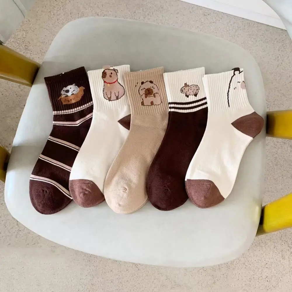 5Pairs Sweet Mid-calf Capybara Socks Cute Stripe Cartoon Socks Hosiery Patchwork Tube Socks Women Winter