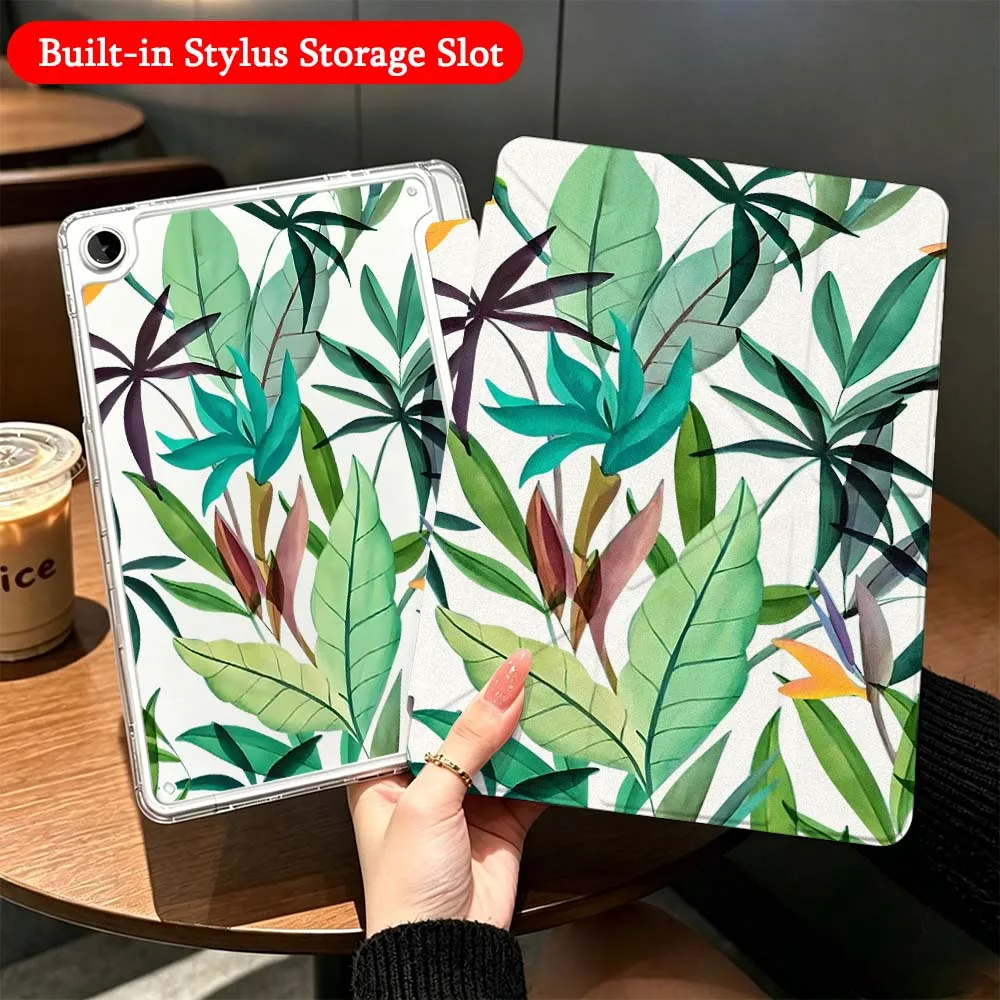 Tropical Leaf Pattern For Samsung Galaxy Tab A9 A8 A11 S6 S7 S8 S9 S10 FE Plus Lite Transparent Y-Shaped Folding Tablet Case