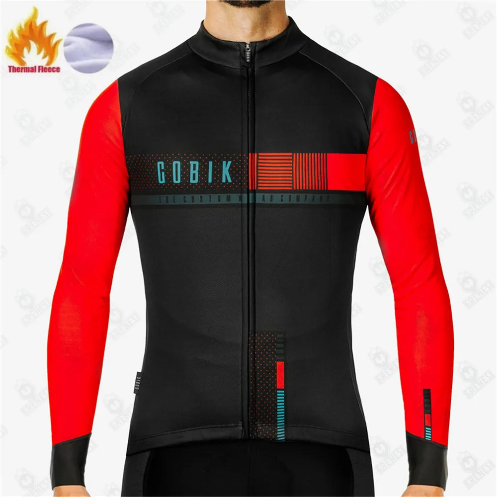 Cobik Winter Hot Wool 10° Thin Coat Men Long Sleeve Jacket Sport Wool Jersey Bicycle Cycle Printed Uniform Road Ciclismo Hombre