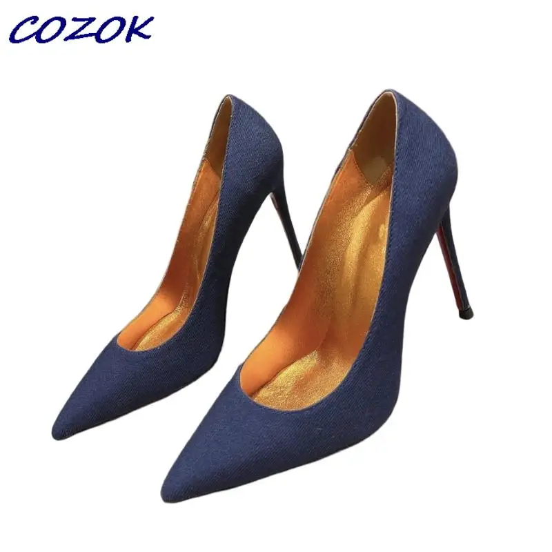 

23 New cowboy high-heeled shoes navy blue flat / 6.5 CM / 8.5 CM / 10 CM sapatos femininos DE tacones de mujer elegantes