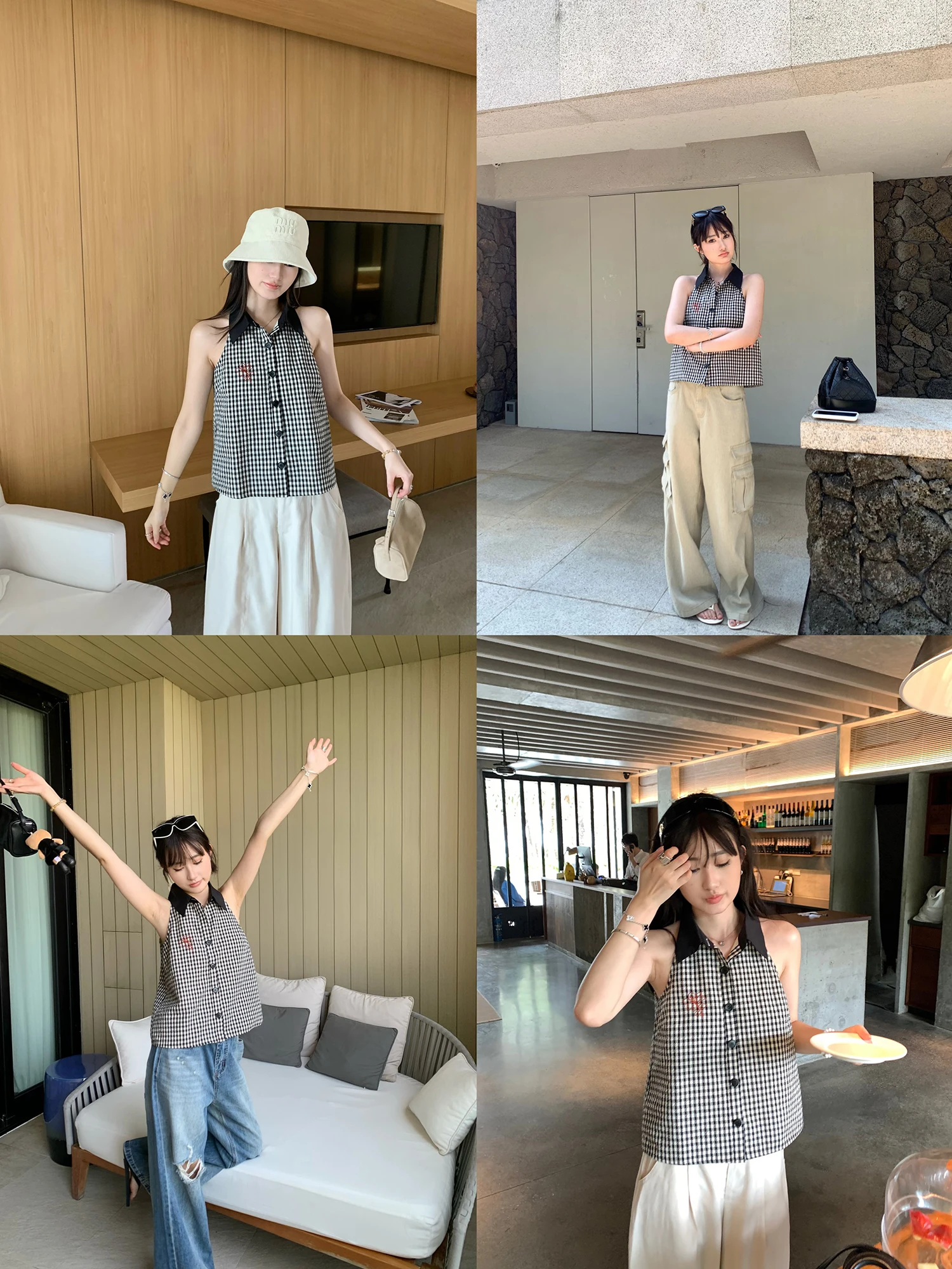 

Белый жилет с вышивкой и воротником-стойкой, в клетку, из смесового хлопка и полиэстера, для повседневной носки