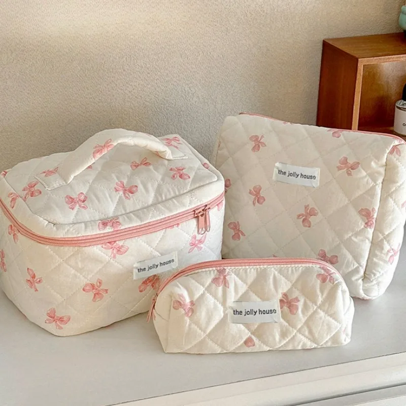 Pink Bowknot Cosmetic Bag Women Sweet Large Capacity Cotton Quilted Bag Cosmetic Zipper Storage Bag Travel Toiletries Organizer