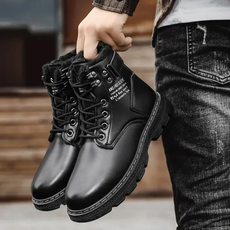 Boots Korean Style Versatile 2027 Men's Winter Snow Boots Fleece Lined High Top Biker Warm Cotton Shoes Thick Soled Casual Boots