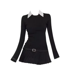 Abito camicia retrò in due pezzi finto stile college Mini abiti a pieghe sottili e aderenti Moda coreana Gonne solide Abiti alla moda