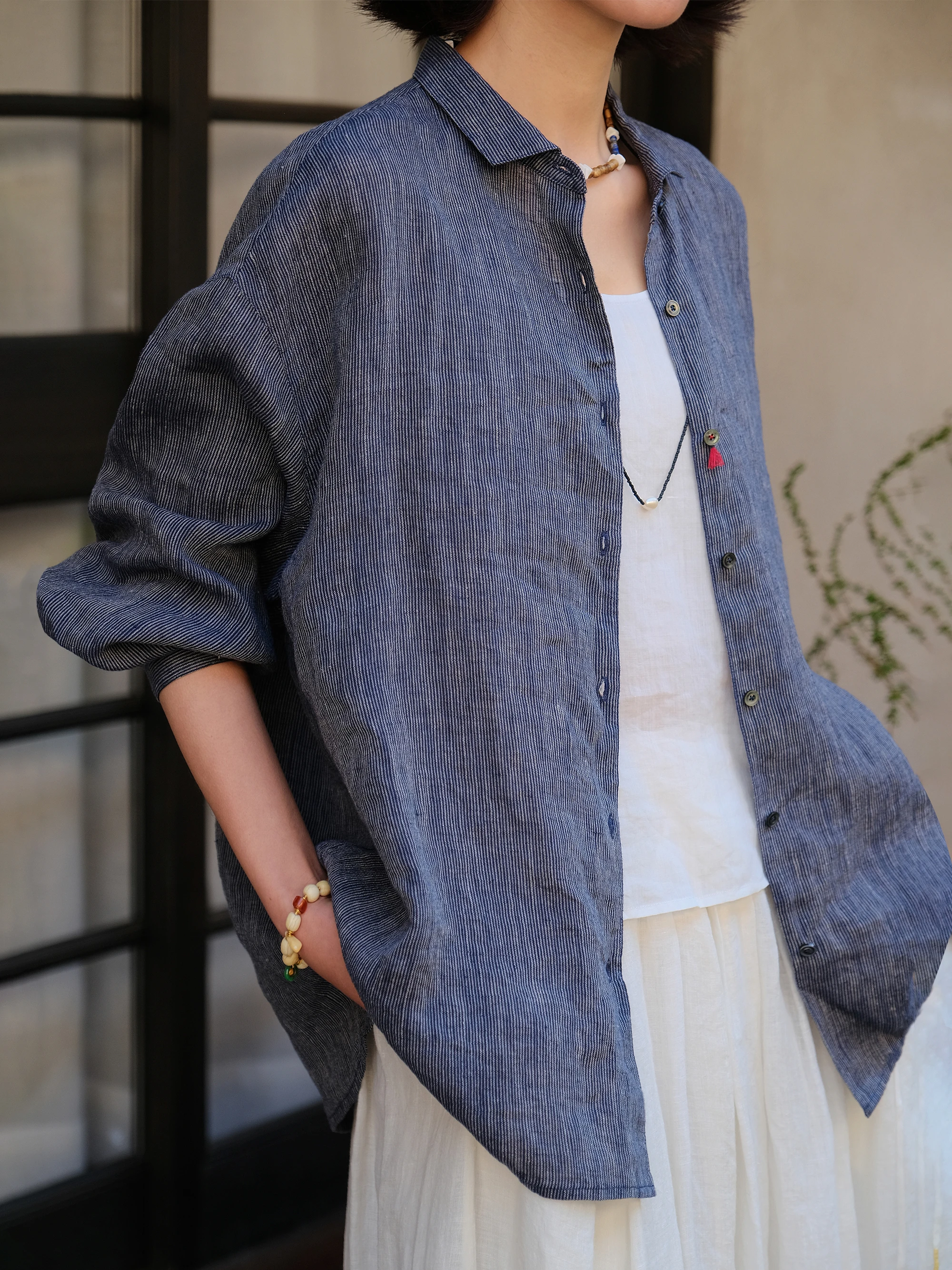 

Mallin 2026 Spring Summer Linen Shirt Long Sleeve Color Woven Raindrop Flax Stripe Pattern Artistic Casual Women's Shirt