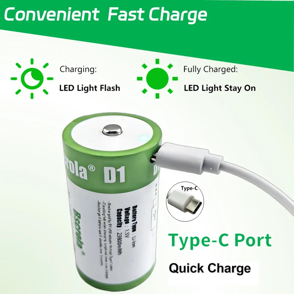 Lithium D Battery 23800mWh, Rechargeable D Batteries with USB C Charging Cable, D1 Battery for Gas Stove Flashlight Radio