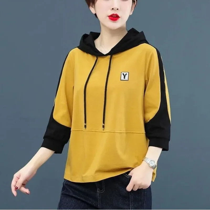 

Autumn and Winter Women's Pullover Hooded Drawstring Embroidery 3/4 Long Sleeve Loose Fit Sweater Underlay Fashion Elegant Tops