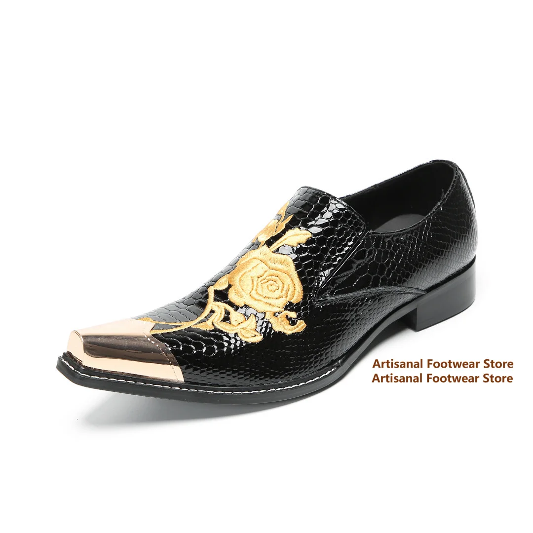 Gold Rose Embroidery Metal Pointed Toe Formal Shoes Men Wine Red Snake Print Dress Loafers Slip On Party Wedding Leather Shoes