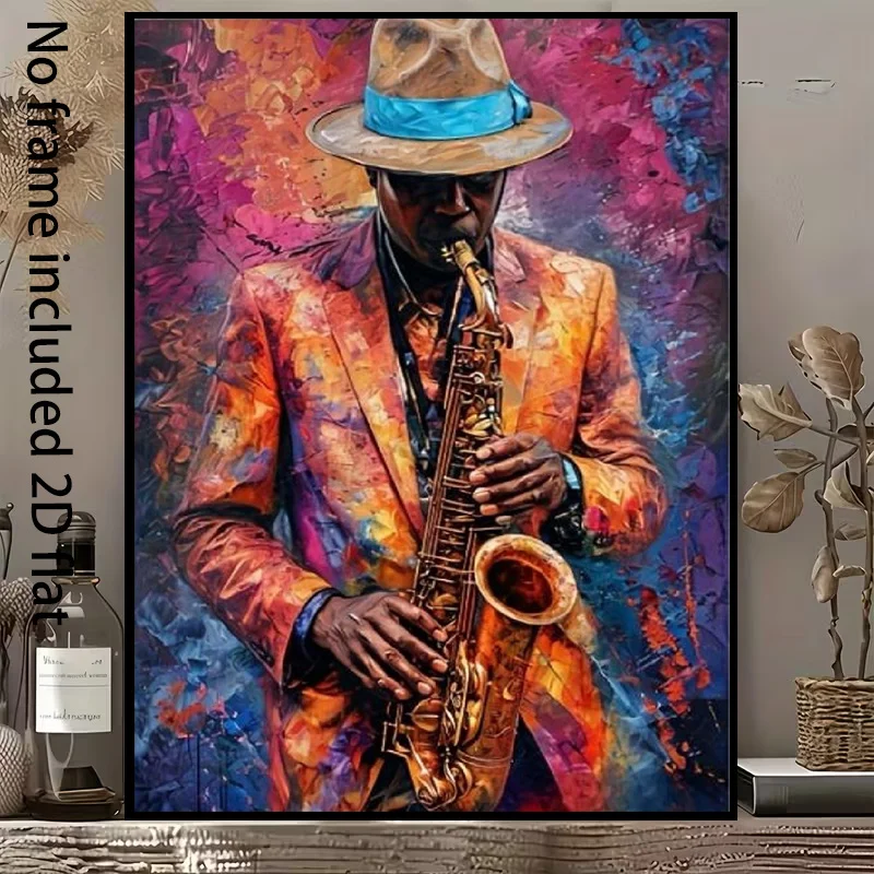2D Flat, [2D Flat] 1pc Decorative Canvas Art: Colorful Jazz Musician Playing Saxophone Canvas Painting, Showcasing the Perfec
