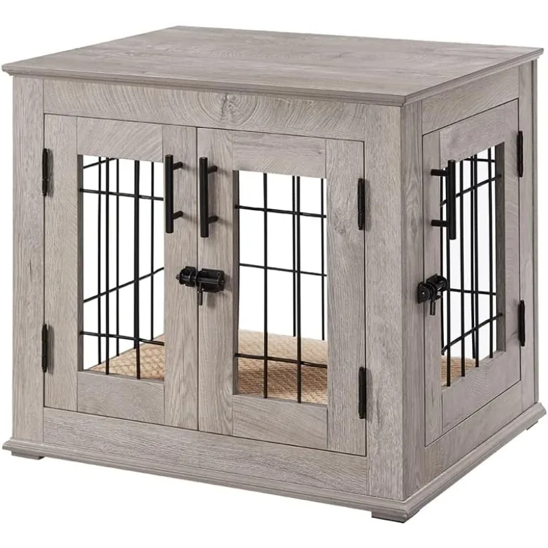 Dog Crate End Table, Double Doors Wooden Wire Dog Kennel with Pet Bed, Decorative Pet Crate Dog House Indoor Medium Large