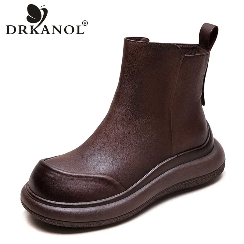 DRKANOL Fashion Women Ankle Boots Autumn Winter Genuine Cow Leather Retro Style Handmade Wedges Heel Wide Head Warm Short Boots