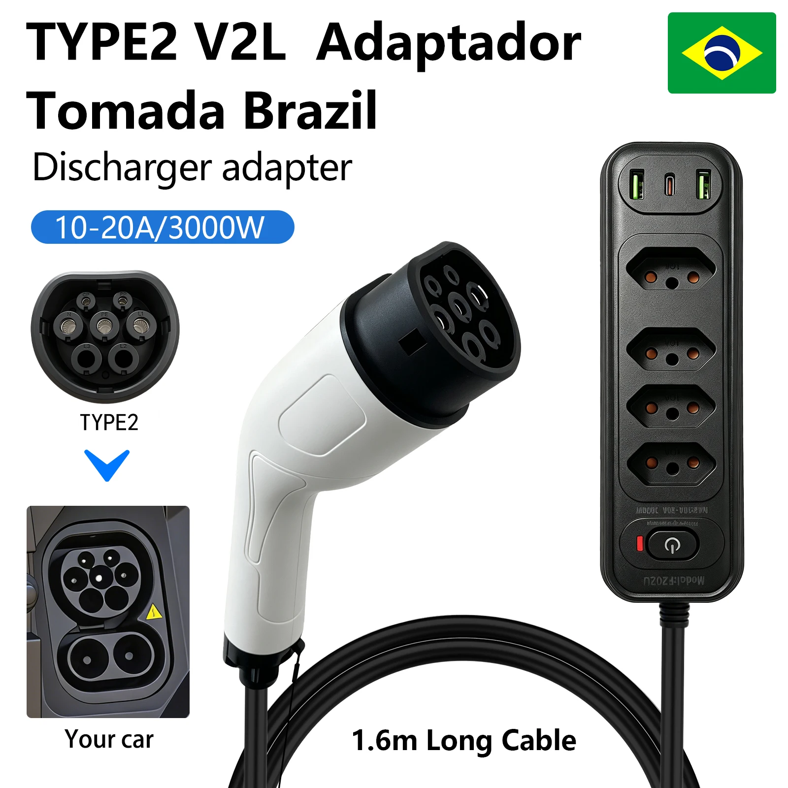 Type2 V2L Discharger Anti-overload  Vehicle to Load Plug for GMM Omoda MG BYD Chery Jaecoo Geely Brazilian New Energy Vehicles