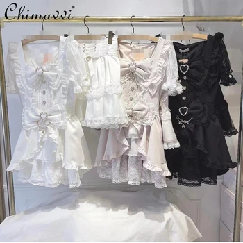 Autumn Japanese Sweet Big Bow Short Sleeve Slim Lolita Princess Mini Dress Shorts 2 Piece