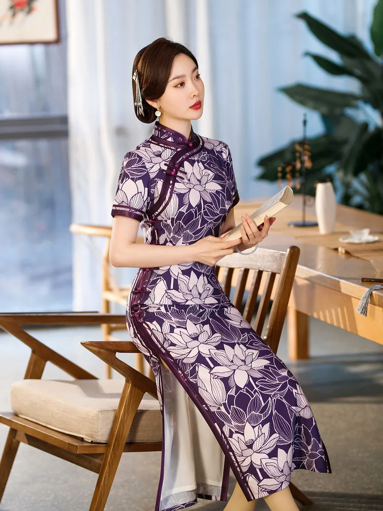 

Yourqipao Summer 2023 Long Slim Silk Purple Cheongsam Performance Catwalk Banquet Qipao Chinese Style Evening Dress for Women