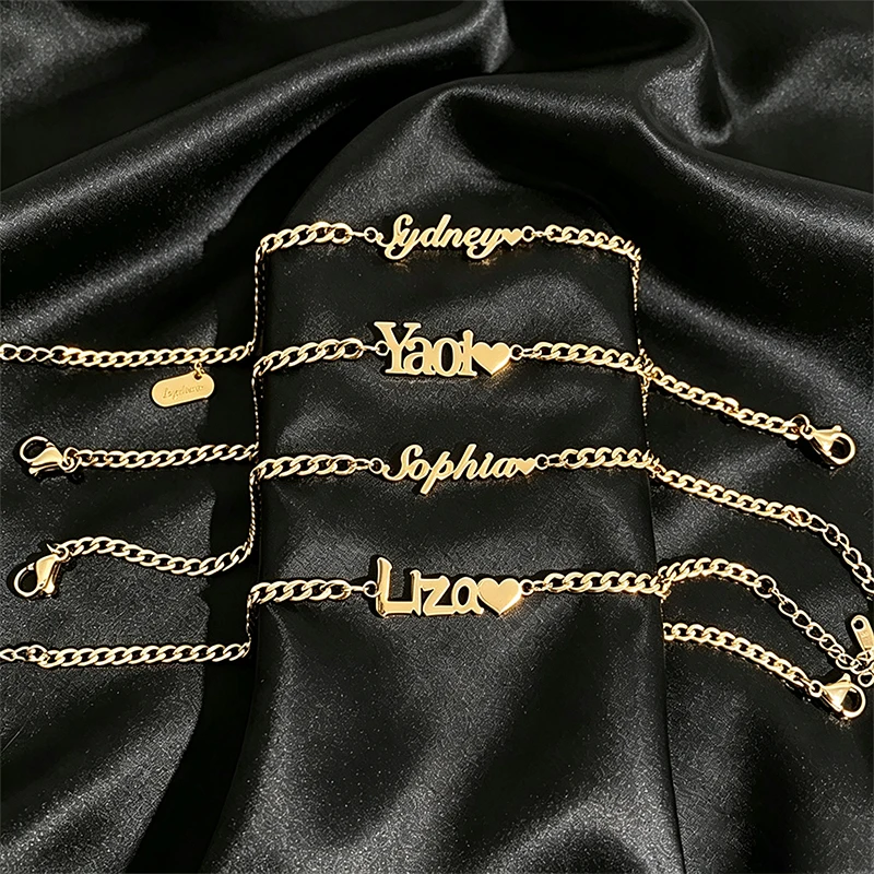 DIY Personalized Your Name Heart Text Bracelet pulseras Stainless Steel Woman Man Customized Nameplate Letters Bracelet Jewlery