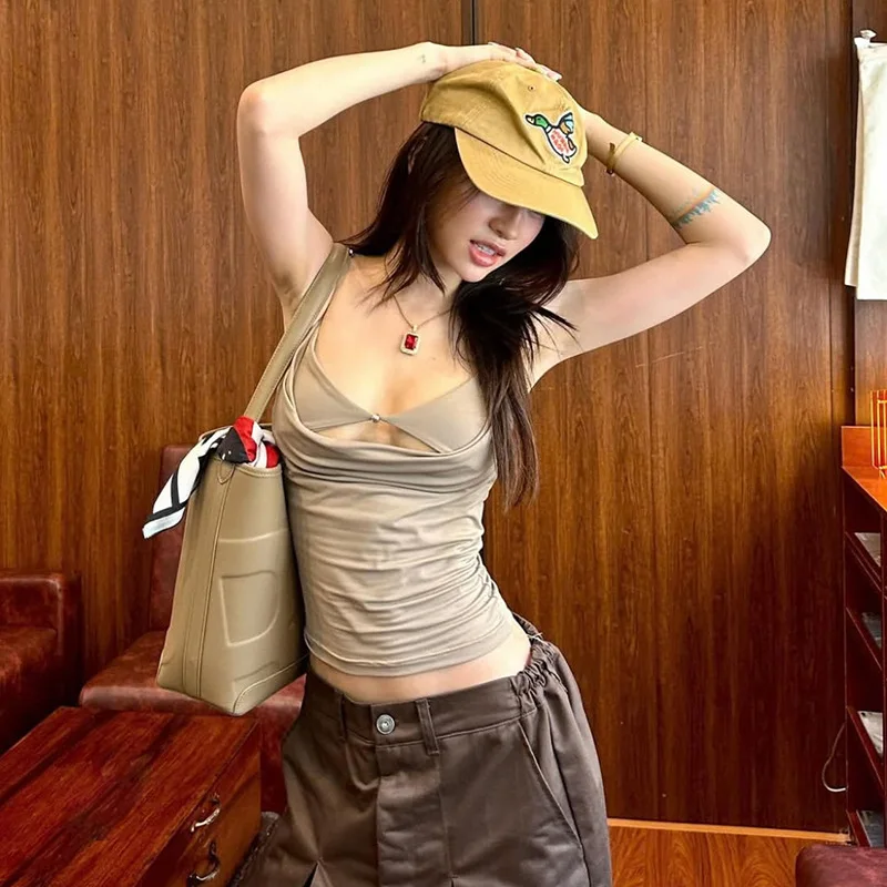 2026 New Summer Ins Women Draped Neck Sleeveless Cami Top Sexy Slim Fit Pure Desire Spaghetti Strap Streetwear Vest