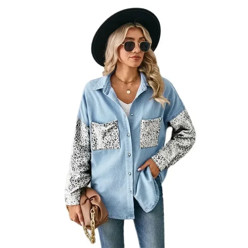 

Fashion Leopard Print Long Sleeves Double Pockets Thin Denim Shirt Women Single-breasted Cardigan Blouse Female Tops Streetwear
