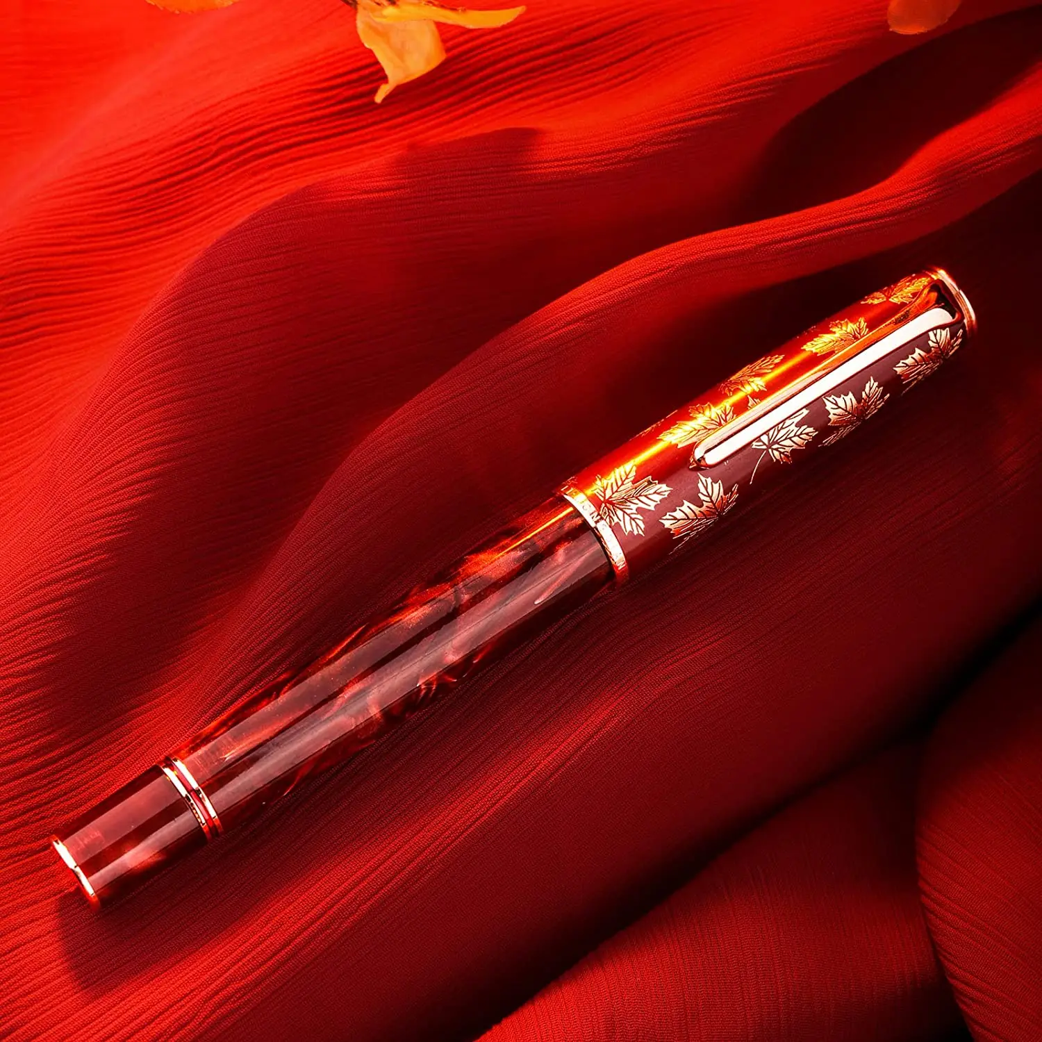 Hongdian N8 Red Acrylic Resin Fountain Pen EF/F/M//Long Knife Nib Maple Leaf Carving Cap, Rose Gold Trim Writing Pen &Converter