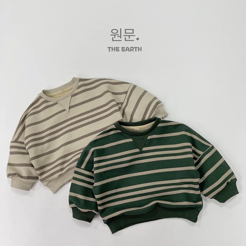 2024 New Spring Korean Style Children Clothing 1-6Yrs Kids Casual Loose T-shirt Baby Girls Boys T-shirt Stripe Cotton Pullover