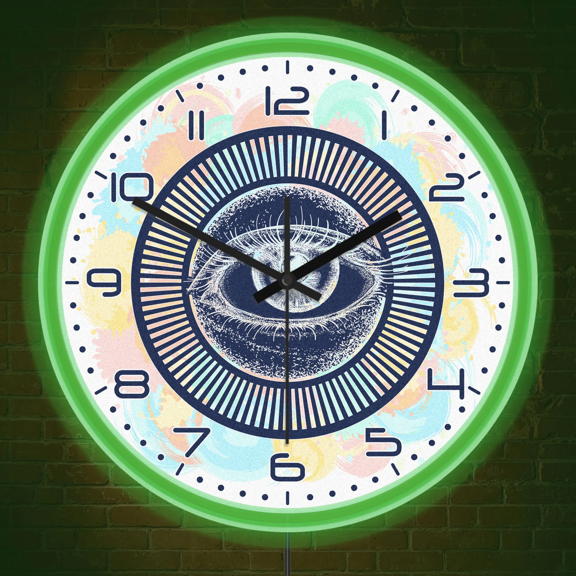 Evil Eye Bohemian Splash Art Neon Wall Clock for Meditation Room Art Studio Mysterious Eye Illuminated Rim LED Night Light Clock