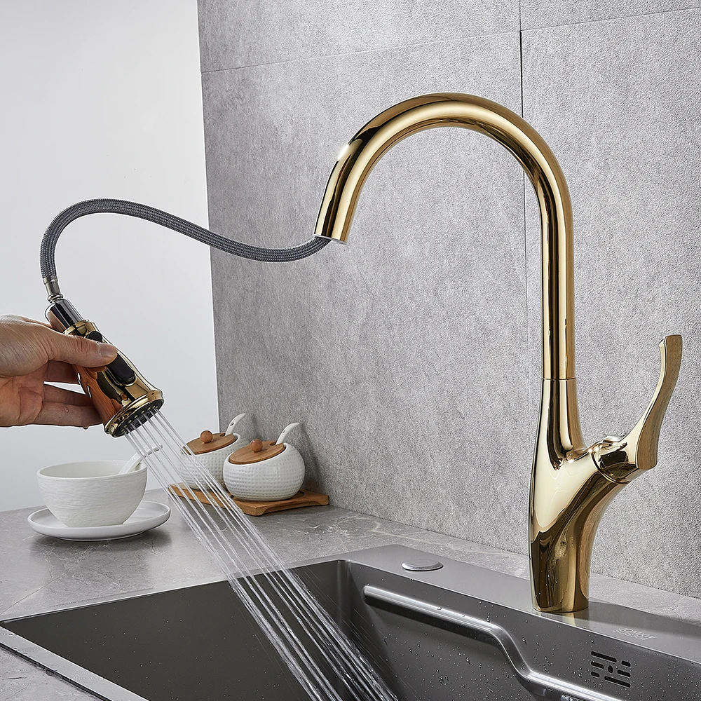 Shinny Gold Kitchen Faucet Pull Out Kitchen Sink Water Tap Single Handle Mixer Tap 360 Rotation Kitchen Shower Faucet 866113