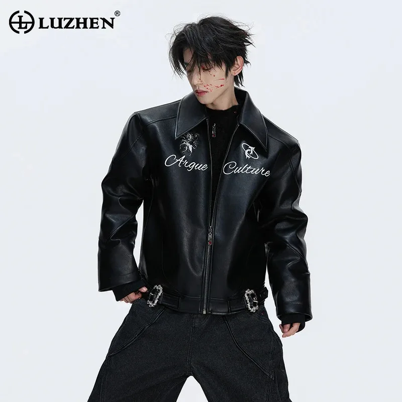 LUZHEN 2026 Winter Letter Embroidery Pattern High Quality Leather Jacket Men's Fashion Handsome Casual Coat Male Clothes JY6162