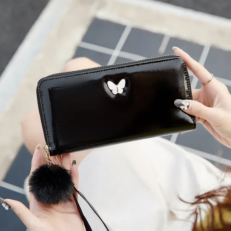 Women Clutch Wallet Oily Skin Wallet Female Long Butterfly Wallet Women Zipper Purse Strap Coin Purse Cell Phone Pocket