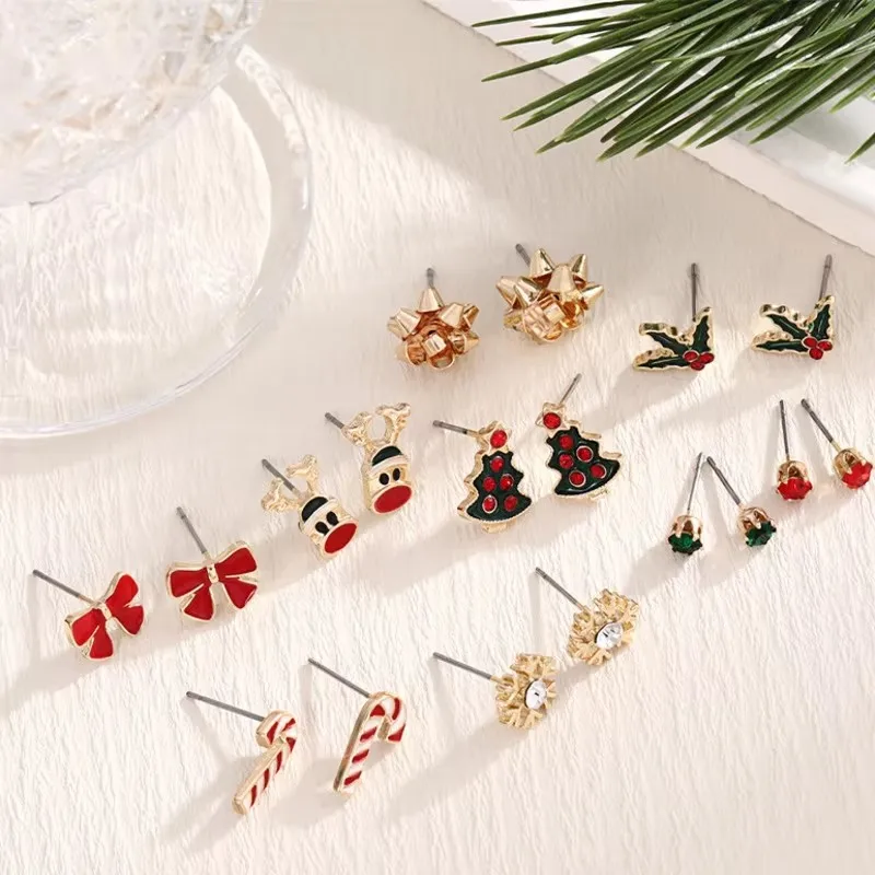 9 Pairs Christmas Stud Earrings Set Elk Christmas Tree Bow Candy Cane Snowflake Enamel Alloy Advent Calendar Earrings Xmas Gift